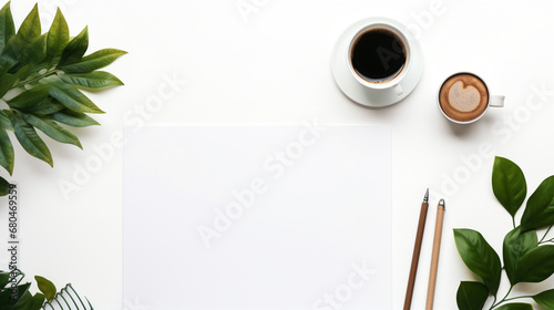 Top shot of an office table desk in flat lay. workspace with a white background, a blank clip board, a keyboard, office supplies, a pencil, a green leaf, and a coffee cup.