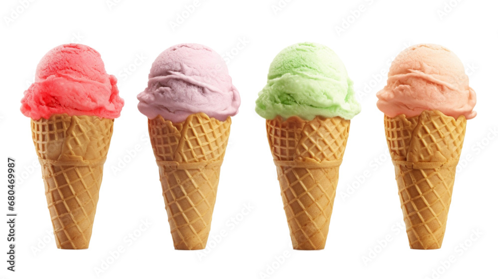 Delicious ice cream cones in five different colors, isolated on a white background.