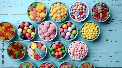 View from above of bowls holding a colorful assortment of various children's candies and goodies on a light blue wood background.
