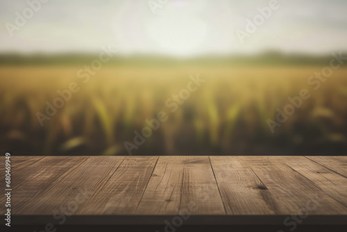 a rustic wooden table top with a blurred corn field background