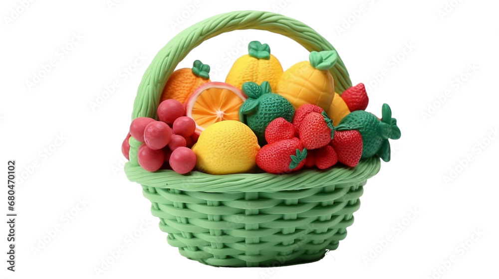Fruit basket made of colorful plasticine clay, isolated on white.handmade fruit-shaped modeling clay.