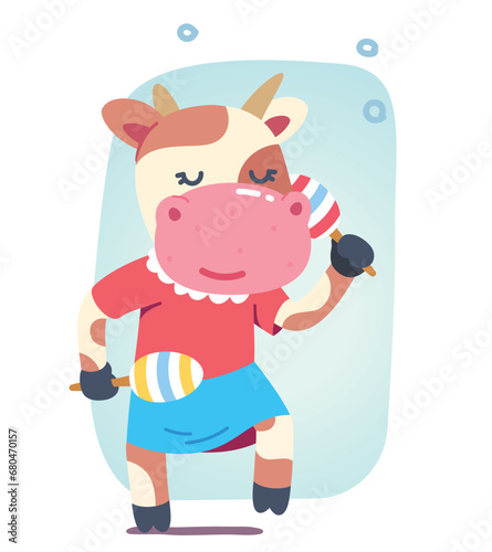 Musician cow animal playing music maracas. Artist mascot kid cartoon character dancing  playing percussion musical instruments. Performance  concert entertainment show concept flat vector illustration