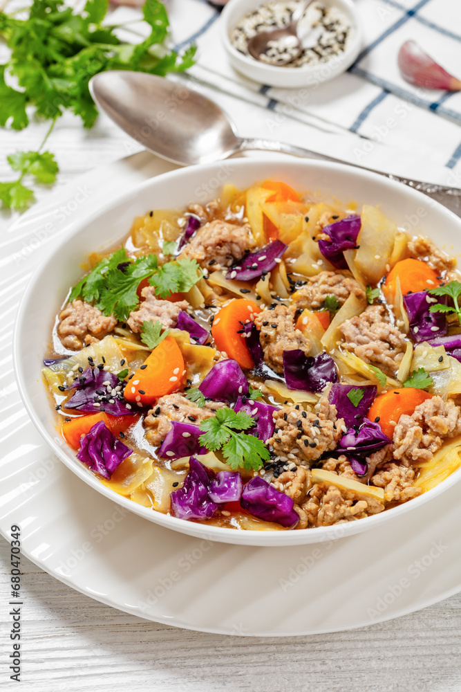 egg roll cabbage soup in bowl, top view egg roll cabbage soup in bowl, top view