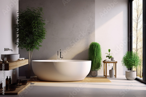 Contemporary Tranquility Minimalist Modern Bathroom with Striking Concrete Walls. created with Generative AI