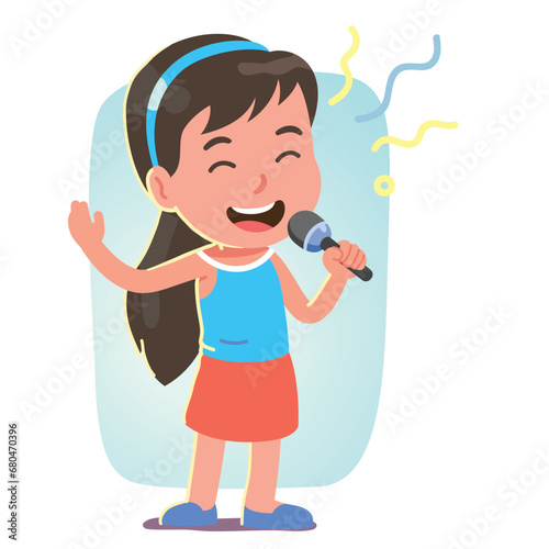 Singer girl kid singing song performing concert. Artist performer child person cartoon character holding microphone. Performance voice sound, talent entertainment show flat vector illustration