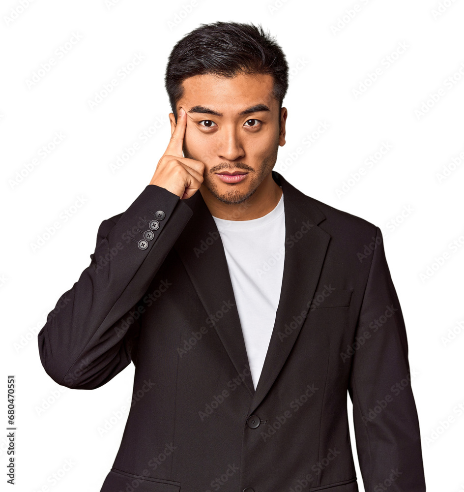 Young Chinese man in business suit in studio pointing temple with finger, thinking, focused on a task. Young Chinese man in business suit in studio pointing temple with finger, thinking, focused on a task.