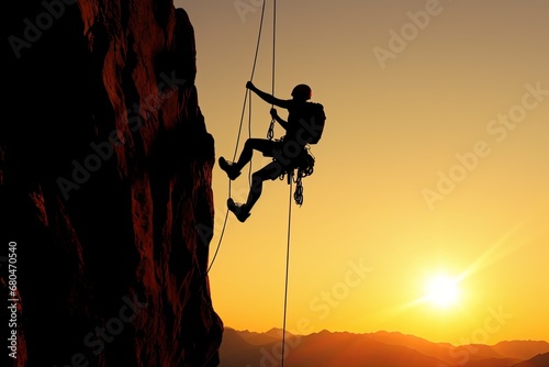 Silhouette of rock climber at sunset