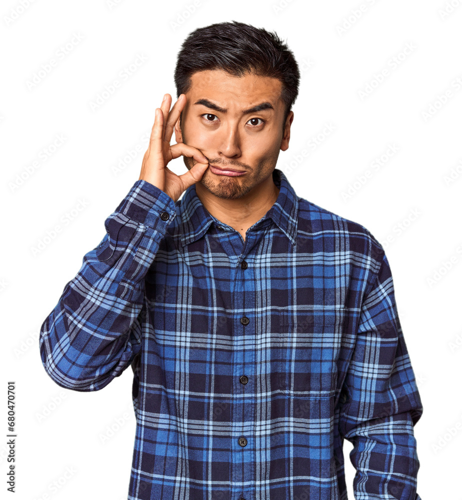 Young Chinese man in studio background with fingers on lips keeping a secret. Young Chinese man in studio background with fingers on lips keeping a secret.