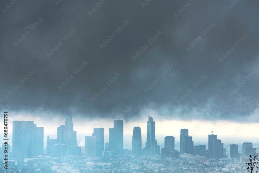 4K Image: Los Angeles Skyline Enveloped by Menacing Thunderstorm Clouds - Dramatic Urban Weather