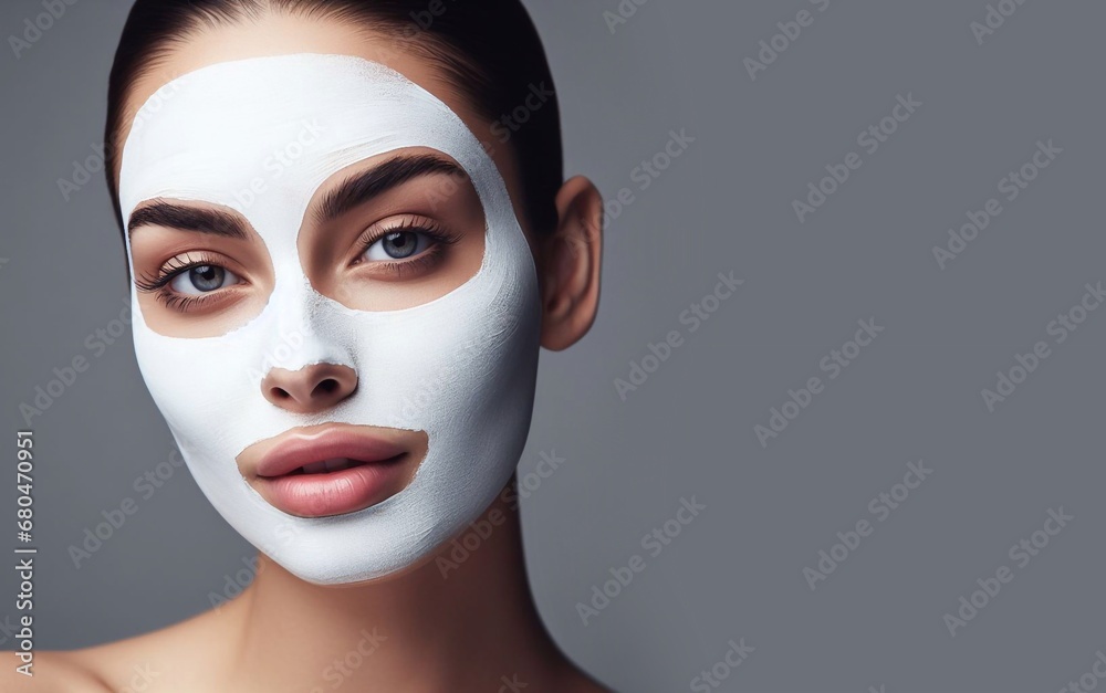 Portrait of a brunette woman wearing a white face mask on a gray background. Concept of skin care, beauty, makeup, wellness, spa, cosmetics, beauty saloon. Copy space for text, advertising, message Portrait of a brunette woman wearing a white face mask on a gray background. Concept of skin care, beauty, makeup, wellness, spa, cosmetics, beauty saloon. Copy space for text, advertising, message