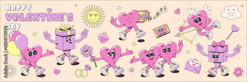 Collection of funky cartoon valentine's day lovely hearts and gifts characters in retro groovy style. Сomic funny romantic 60s, 70s Happy Valentine's day stickers, stamps or patches.