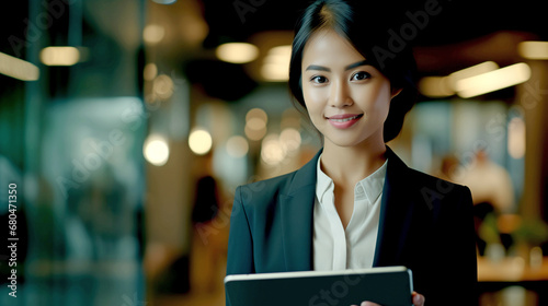 YOUNG HAPPY ASIAN WOMAN WITH TABLET. legal AI	