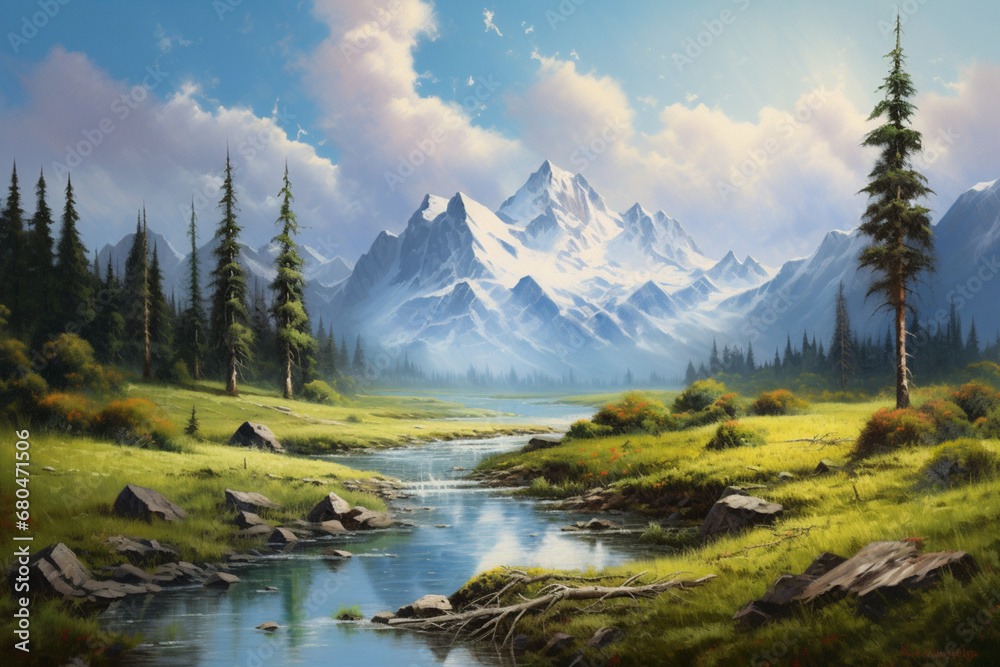 peaceful mountain landscape, oil painting peaceful mountain landscape, oil painting