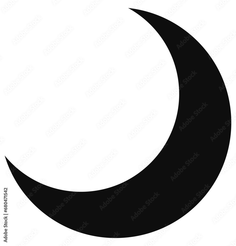 Black crescent moon isolated on white background.