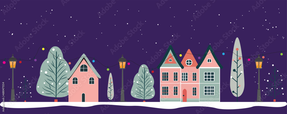 Fototapeta premium City street line art in the christmas, town panorama vector illustration. Small and big houses, buildings with garage, city apartments, skyscrapers, trees and bushes.Urban panorama, city street view.