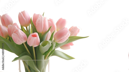Soft lighting and a shallow depth of field are used to photograph a light pink tulip bouquet on a simple background.