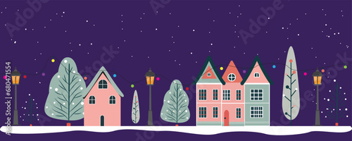 City street line art in the christmas, town panorama vector illustration. Small and big houses, buildings with garage, city apartments, skyscrapers, trees and bushes.Urban panorama, city street view.