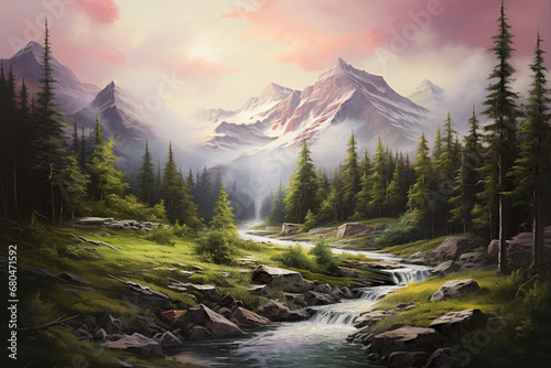 peaceful mountain landscape, oil painting
