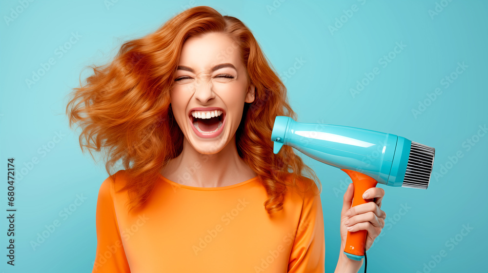 BEAUTIFUL LAUGHING WOMAN WITH LONG HAIR WITH HAIRDRYER IN STUDIO. legal AI BEAUTIFUL LAUGHING WOMAN WITH LONG HAIR WITH HAIRDRYER IN STUDIO. legal AI