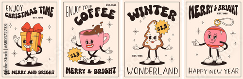 Groovy retro Christmas posters. Santa claus, christmas tree, ball, hot cocoa, present in trendy vintage cartoon style. Retro characters in 50s, 60s, 70s animation style