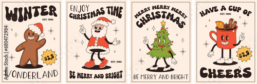 Groovy retro Christmas posters. Santa claus, christmas tree, ball, hot cocoa, present in trendy vintage cartoon style. Retro characters in 50s, 60s, 70s animation style