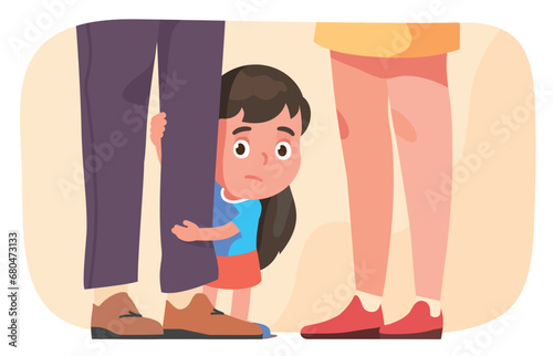 Scared girl kid hiding behind father parent leg peeping out. Preschool little daughter person with mother, father family closeup. Childhood, child care, protection, parenting flat vector illustration