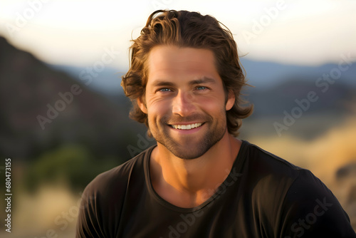 Portrait of a handsome man wearing black T-shirt spending his outdoor life. Freedom life. Happy man. 