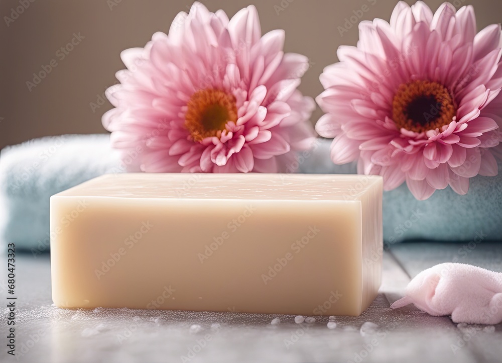Soap, towel, flowers in bathroom, on blurred spa background Soap, towel, flowers in bathroom, on blurred spa background