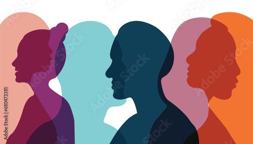 Silhouette of a group of men and women of diverse culture. The concept of diversity. Vector illustration
