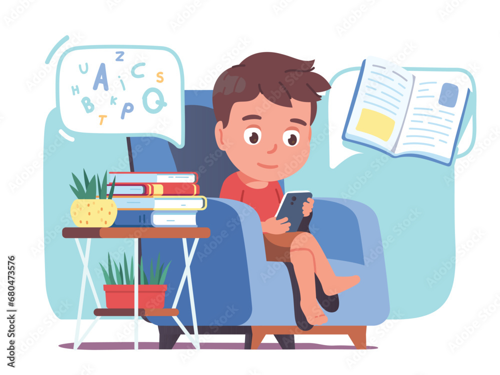 Kid reading digital book on mobile phone at home. Boy child person sitting in armchair holding cell smartphone reading literature online. Education, knowledge concept flat vector illustration