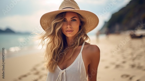 Portrait beautiful women with hat enjoy their freedom on the beach at summer. AI generated