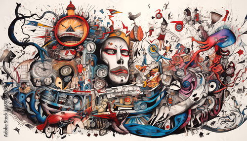 A colorful illustration on a white background representing the feeling of lack of time and procrastination. A chaotic mix of elements symbolizing accumulated tasks, responsibilities, or distractions.