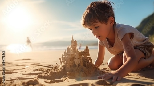 Little Boy playing with sand make a castle on tropical beach. AI generated image