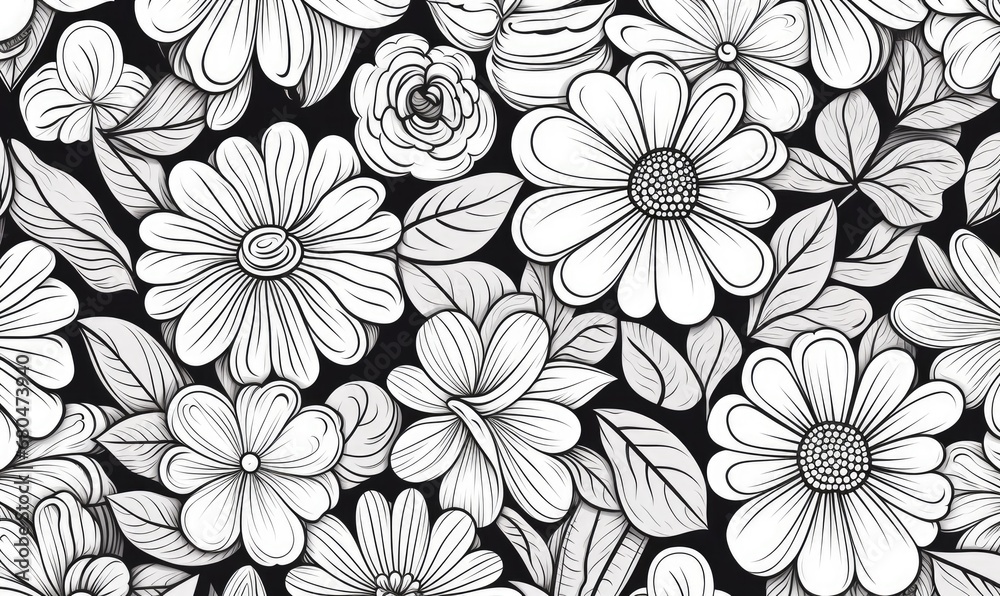 A black and white drawing of flowers on a black background