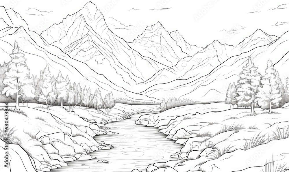 A pencil drawing of a river and mountains