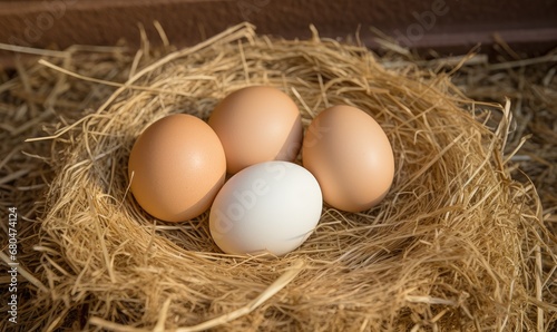 Four eggs in a nest of hay on a wooden table