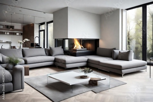 Grey corner sofa by glass fireplace. Minimalist home interior design of modern