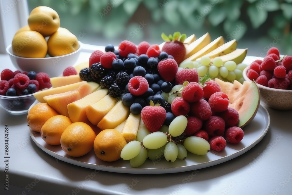 Plate with fresh fruits on wooden table, closeup. Healthy food Plate with fresh fruits on wooden table, closeup. Healthy food