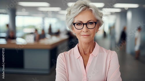 A professional mid aged woman exudes confidence in a corporate business setting, exemplifying a strong female leadership role while challenging ageism in the workplace.