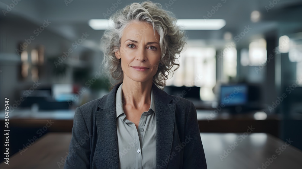 A confident middleaged woman with a successful career in a corporate business setting, challenging ageism in the workplace.
