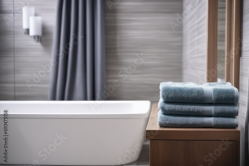Stack of clean towels on wooden countertop in bathroom  closeup
