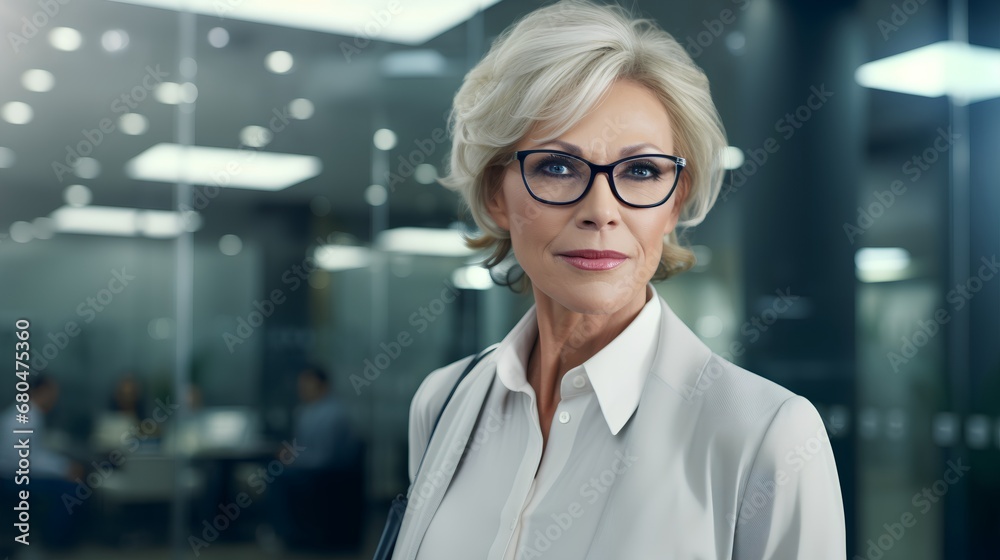 A confident middleaged woman with a successful career in a corporate business setting, challenging ageism in the workplace. A confident middleaged woman with a successful career in a corporate business setting, challenging ageism in the workplace.
