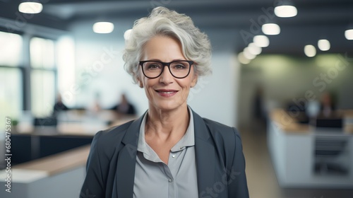 A confident senior businesswoman with gray hair, wearing a smart suit, stands in a modern office setting, representing success and challenging ageism in the corporate world.
