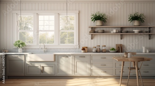 a farmhouse kitchen with a farmhouse sink and shiplap walls.