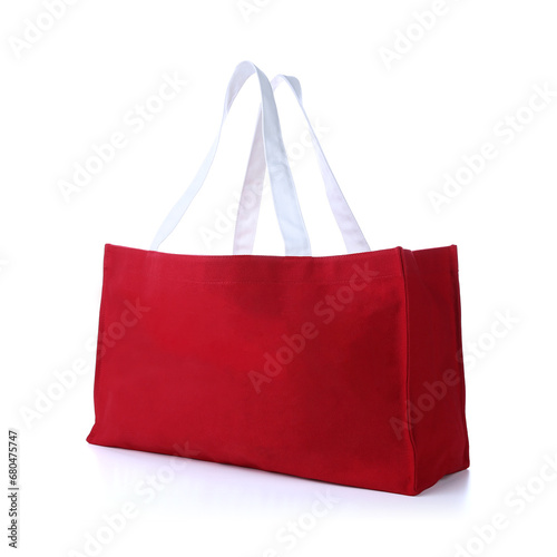 Eco Friendly Red Colour Fashion Canvas Tote Bag Isolated on White Background. Reusable Bag for Groceries and Shopping. Design Template for Mock-up. Side View