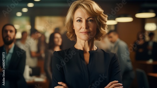 A sophisticated and contemporary senior businesswoman exudes confidence and success while working in a corporate office setting, showcasing her professional attire and experienced demeanor.