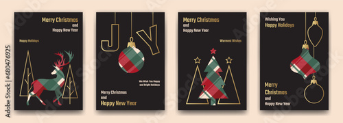 Set of New Year and Christmas greeting card templates. Modern design with plaid pattern. Christmas elements on black background for web banner, party invitations, posters, flyers, social media.