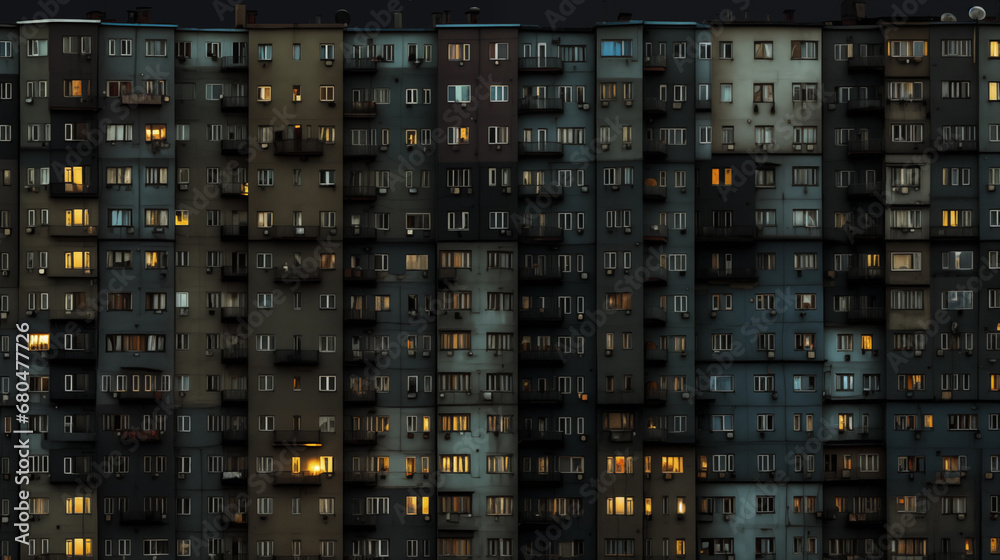 Viewed from the front, the windows of a small apartment in the evening let in light. Viewed from the front, the windows of a small apartment in the evening let in light.