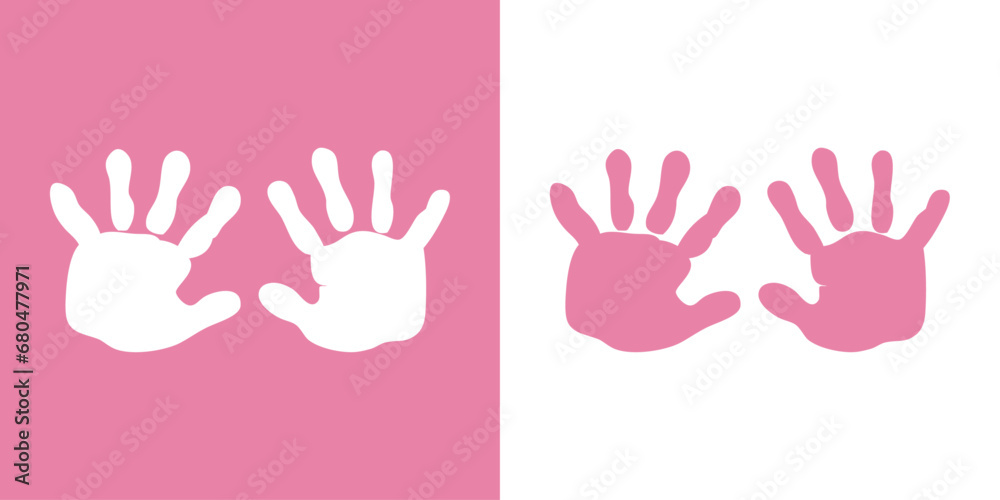 Anuncio de llegada de bebé niña. Palmas de niña. Silueta de huella de mano color rosa para su uso en invitaciones y tarjetas