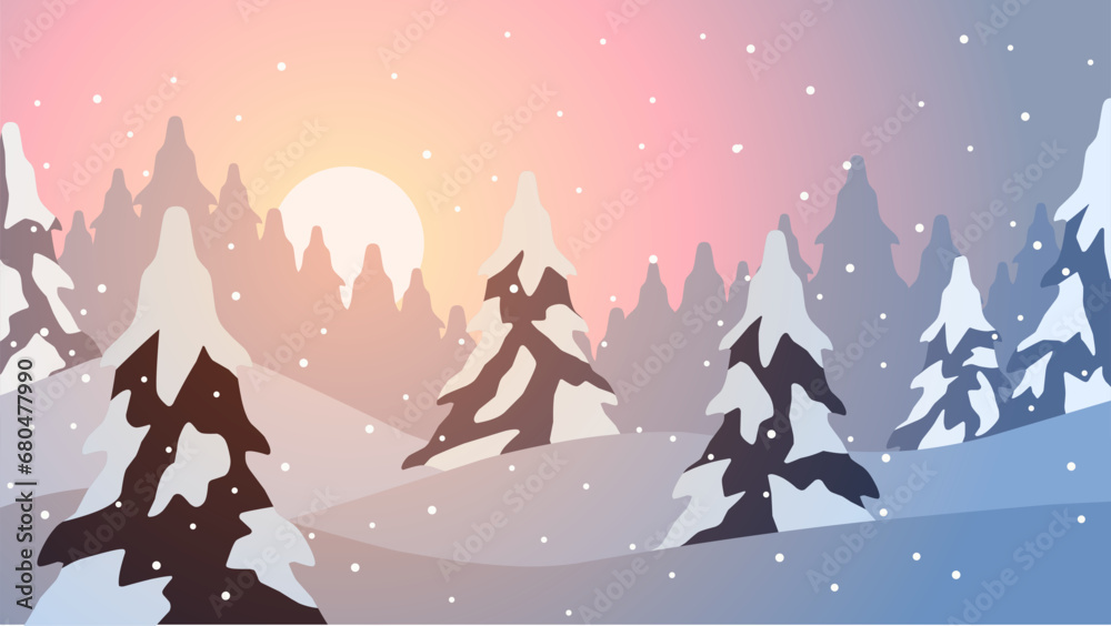 Snowy forest landscape vector illustration. Scenery of snow covered pine forest in winter season. Winter forest panorama for illustration, background or wallpaper